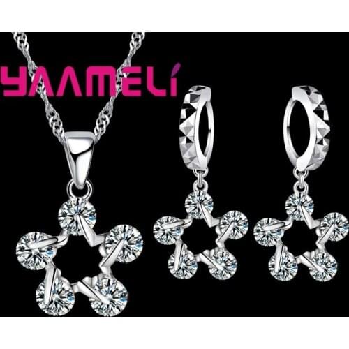 New Arrival Fine Five-pointed Star Shape Crystal Earrings Pendant Necklace Jewelry Sets Wedding 925 Sterling Silver