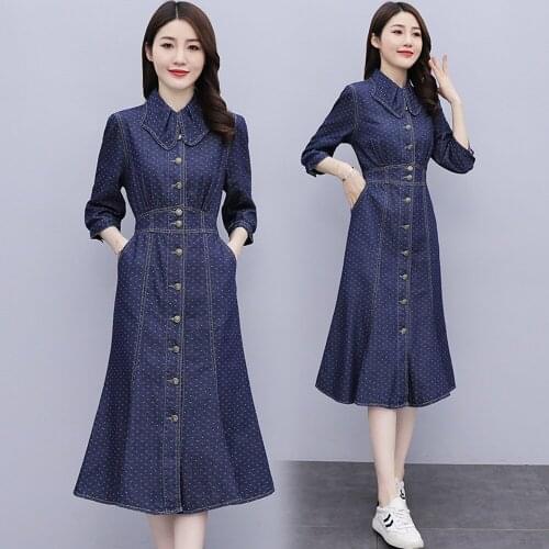 New Spring Autumn Women Dress Turn-Down Collar Dot Single Button Three Quarter Pockets Trumpet Jeans For Females Denim One-Piece