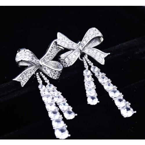 QTT Korean Style Silver Bowknot Zircon Stone Dangle Earrings for Women Earrings Weddings Party Jewelry Accessories