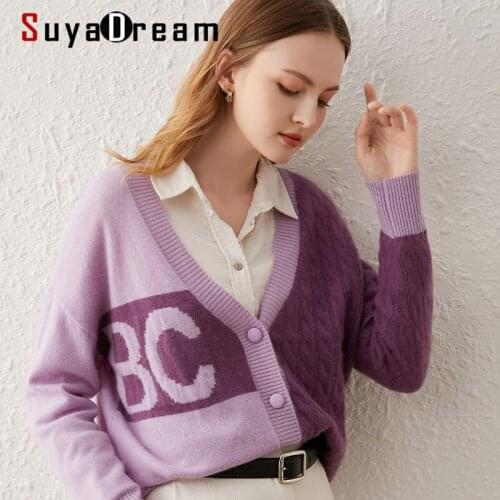 SuyaDream Woman Warm Cardigan 65%Cashmere 35%Wool Single Breasted V Neck Casual Sweaters 2021 Autumn Winter Outwears Purple