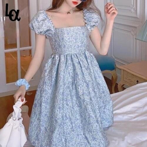Luck A Summer Elegant Blue Floral Dress Women Korean Sweet Casual Chiffon Mini Dress Puff Sleeve Party Princess Fairy Dress