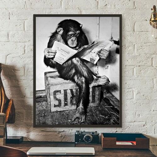 Chimpanzee Reading Newspaper Funny Canvas Painting Classic Animal Chimpanzee Baby Photo Wall Art Home Decor