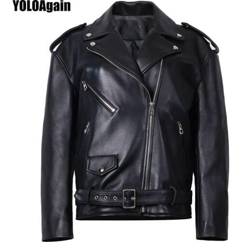 YOLOAgain Spring Oversized Women Genuine Leather Jacket Biker Jacket