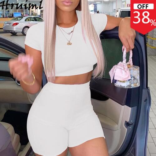 Womens Suit Summer 2021 Solid Color Short Sleeve Tshirt&short Pants Knitted Outfits Slim Elegant Sport Fitness Two-piece