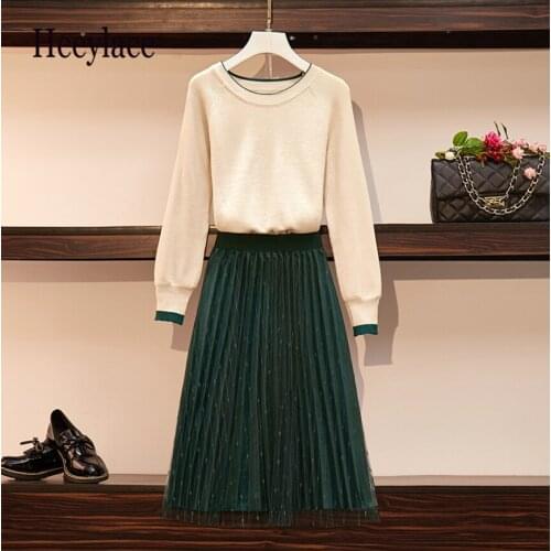 Plus Size Office Ladies Elegant Knitted Two Pieces Set Fall Winter Long Sleeve Pullover Sweater And Mesh Skirts Suits Korean Set