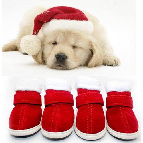 Winter Pet Dog Waterproof Shoes Anti-slip Rain Snow Boots Footwear Pet Cat Dog Shoes Christmas Shoes Warm Velvet Red Shoes