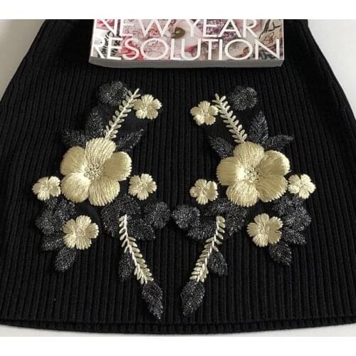 1Pair Black 3D Flower Embroidery Patch Mesh Net Fabric Lace Applique Sewing Coat Dress Clothes Decorative Costume Patches Diy