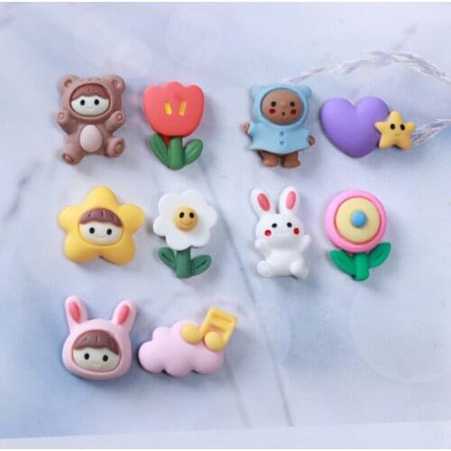 10Sets Kawaii Cartoon Mini Bear Flower Flatback Resin Cabochon Scrapbooking Hair Bows Accessories DIY Phone Case Decoration