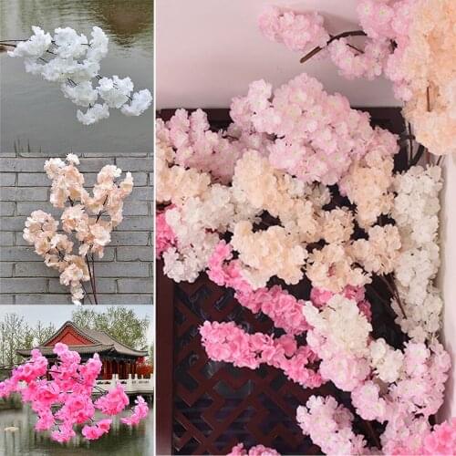 120cm Artificial Cherry Trees Pink Sakura Branch Silk Diy Artificial Flowers Floral Wall Wedding Decoration Home Outdoor Decor