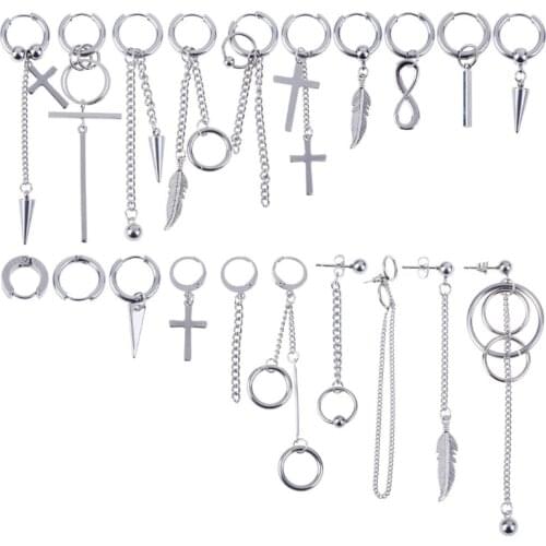 20Pcs Korean Huggie Hoop Earring Stainless Steel Dangle Hinged Feather Drop Earrings Long Chain Pendant Earrings Jewelry