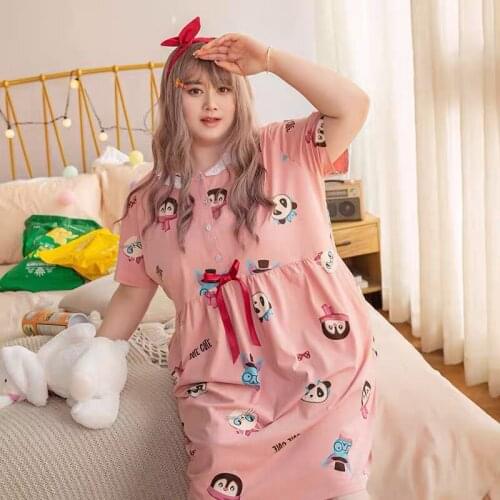 5XL super size summer hedging lady sweet Korean style pure cotton short-sleeved loose long skirt fat girl plus size nightdress