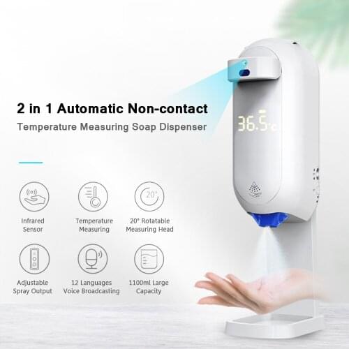 2 in 1 Automatic Non-contact Temperature Measuring Soap Dispenser with 12 Languages Voice 1100ml Auto Soap Dispenser Sprayer