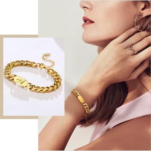 Women Free Personalized Letters Bracelet,Gold Tone Bold Chunky Cuban Chain Wristband Jewelry,Custom Gift for Her