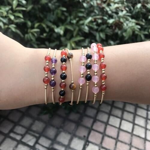 8mm round purple red black pink crystal onyx stone beads charm wire wrapped adjustable gold open bangle cuff bracelet for woman