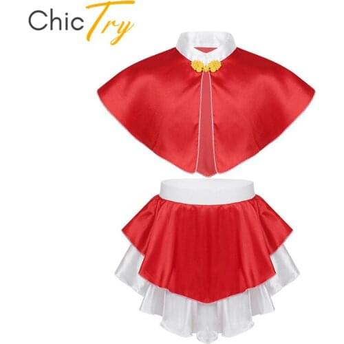 ChicTry Kids Girls Christmas Santa Costume Children Halloween Cosplay Party Red Satin Cape with Skirt Dance Show Fancy Dress Set