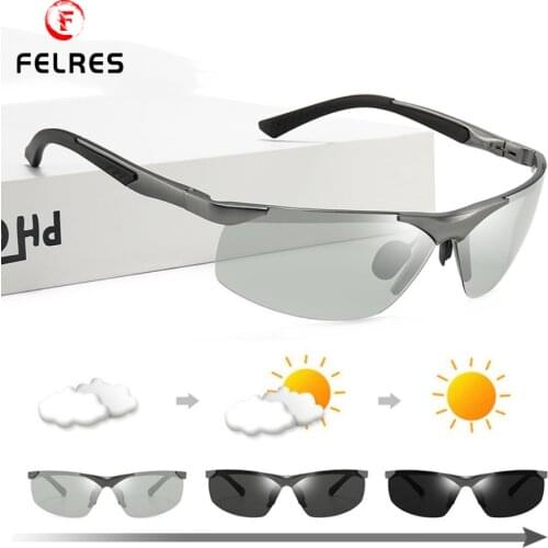 FELRES Men Aluminum Magnesium Photochromic Polarized Sunglasses Half Frame Outdoor Driving Fishing Glasses With Box 8586