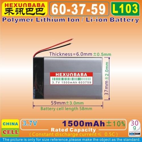 2pcs [L103] 3.7V 1500mAh [603759] Polymer lithium ion / Li-ion battery for mp3;voice recorder pen,smart watch,DVR,MP4,mp5