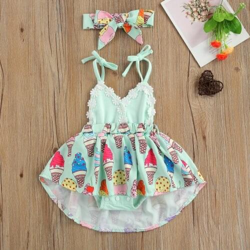 Summer Baby Girl’s Casual Suspender Bodysuits Infant Toddler Baby Fresh Ice Cream Printed Hem Backless Jumpsuits+Headband Set