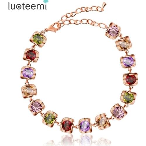 LUOTEEMI Chain Link Bracelet Rose Gold-Color Multicolor Shape AAA Zirconia Stone Charm Bracelet for Women Party Jewelry Gifts