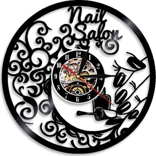 Fashion Nail Salon Store Business Sign Vinyl Record Wall Clock Modern Design Polish Bar Wall Clock Beauty Hanging Decor Art