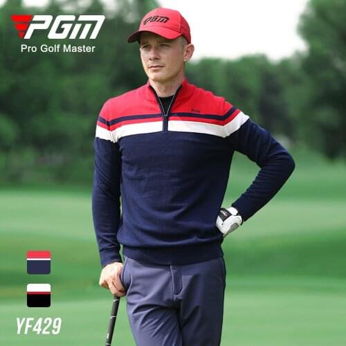 PGM Autumn Winter Men Golf Sweater Contrast Color Full Sleeves High Neck Leisure Sports Sweater T-Shirt Mens Warm Knitted Shirts