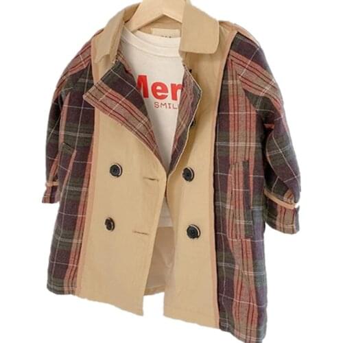 New arrival baby girl auutmn double breasted loose trench coat kids casual plaid stitching long outwear