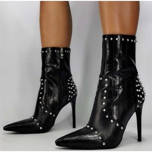 Wholesale Women Shoes Boots Pointed Toe Side Zip Plaid Diamond Decoration Sexy Ankle Boots Big Size 43 China Factory