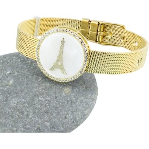 Romantic Love Shell Paris TowerAAA Zircon Charm Bracelet for Woman Man Mesh Stainless Steel Strap Bangle Jewelry Gift