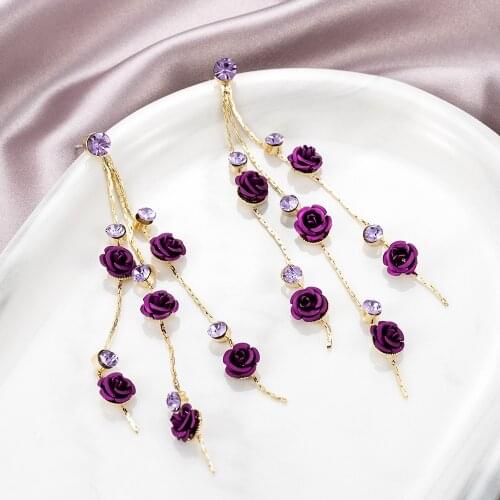 Rose Flower Earrings Korea Dongdaemun Simple Long Tassel Pendant Earrings Tide Net Red Wild Earrings Female Exaggerated Jewelry