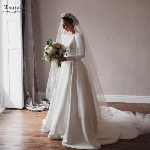 Long Sleeve Simple Soft Satin Wedding Dresses O-Neck A Line Bridal Gowns Backless Elegant Bridal Gowns Chic Noivas DW233