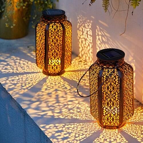 Led solar wrought iron hollow light outdoor courtyard projection decorative lantern hanging tree light garden solar light