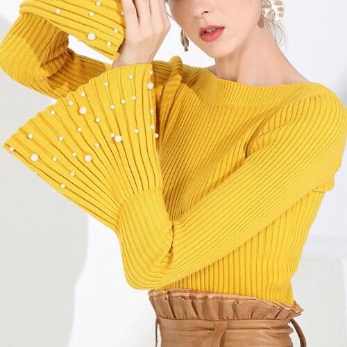 Flare Sleeve Beading Sweater Women O-Neck Pullover Knitted Autumn Solid One Size Sweater Sueter Mujer Invierno 2019