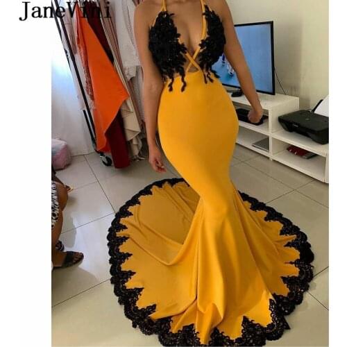JaneVini African Mermaid Party Evening Prom Dresses Long 2020 Black Lace Applique Sexy Yellow Formal Gown vestidos largos fiesta