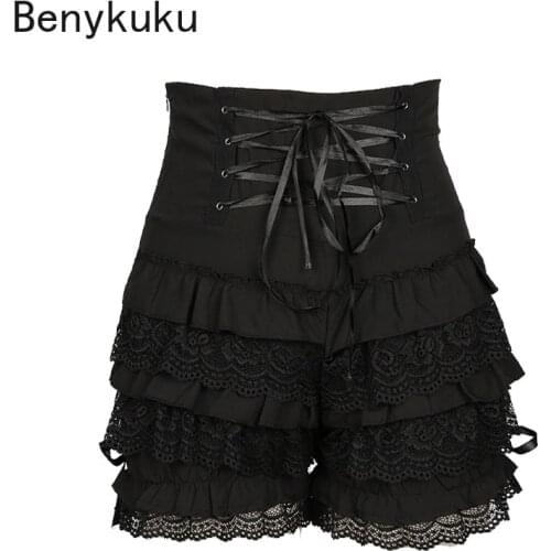 Lolita Style Vintage Lace Ruffles Shorts Plus Size Lace Up Black Women Pumpkin Bloomers Gothic Punk Girls High Waist Shorts