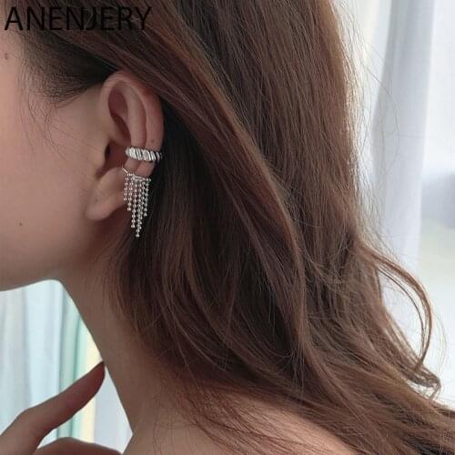 ANENJERY 1 Piece 925 Sterling Silver Round Bead Tassel Clip Earrings For Women Trendy Personality No Pierced Ear Bone Jewelry