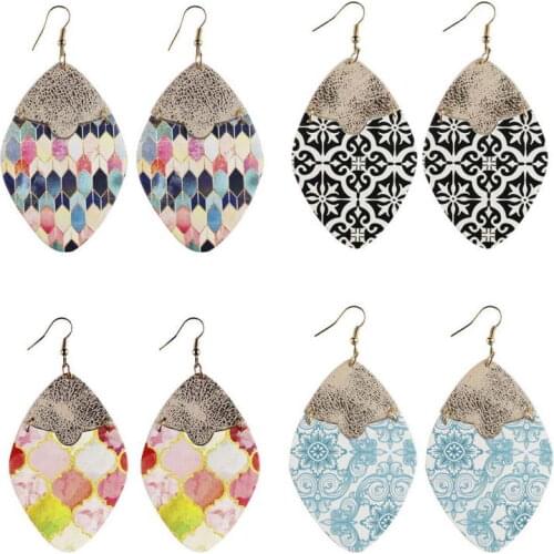 2021 New Portugal Tile Pattern Oval Leather Earrings for Women Fashion Joint Statement Paisley Earrings Jewelry Wholesale