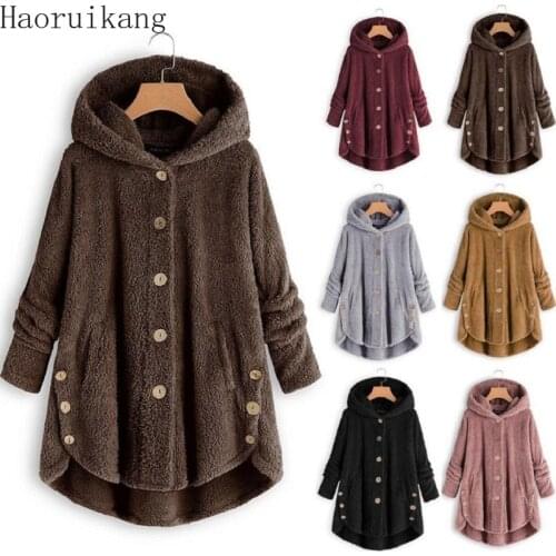 Women Button Plush Top Hooded Loose Cardigan Wool Coat Winter Jacket Keep Warm Pockets Outwear