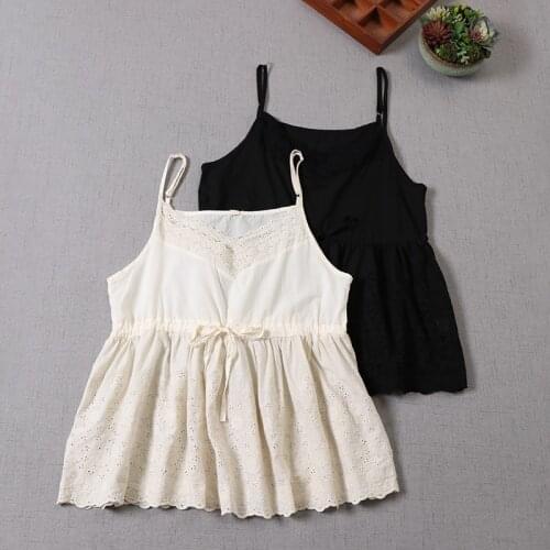 Japan Style Mori Girl Embroidered Base Vest Cotton Lace Loose Solid Color Sling Vest Women