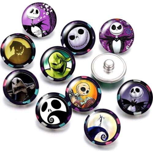 Jack skellington Evil Face Skull 18mm snap buttons 10pcs mixed round photo glass cabochon style for snap button jewelry