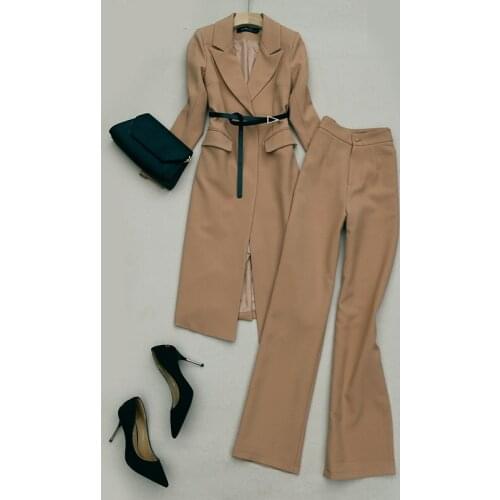 Elegant British Style Belted Waist Long Trench Coat + High Waist Suit Pants Office Lady Business Casual Sets