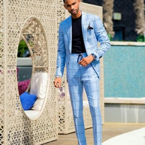 Tailored Light Blue Check Mens Suits 2 Pieces Groom Best Man Pants Suit Business Wedding Blazer (Jacket+Pants)