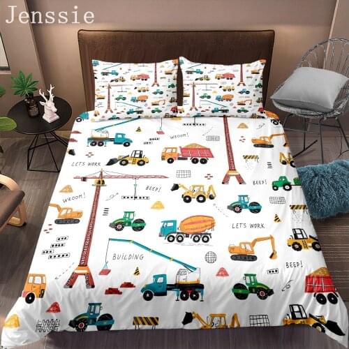Cartoon Truck Lorry Bedding Set Kids Boys Duvet Cover Set Crane Excavator Bed Sheet Single Double Bedspread 2/3pcs Bedroom Set