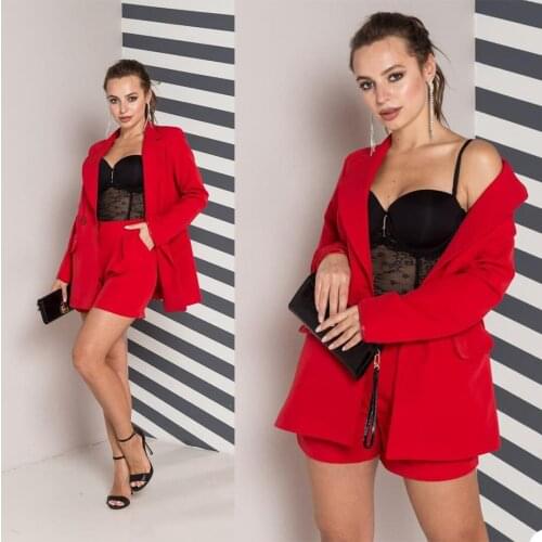 Red Women Suits 2 Piece (Blazer + Shorts) V Neck Pocket One Button Coat Fashion Office Lady Daily Casual Jacket