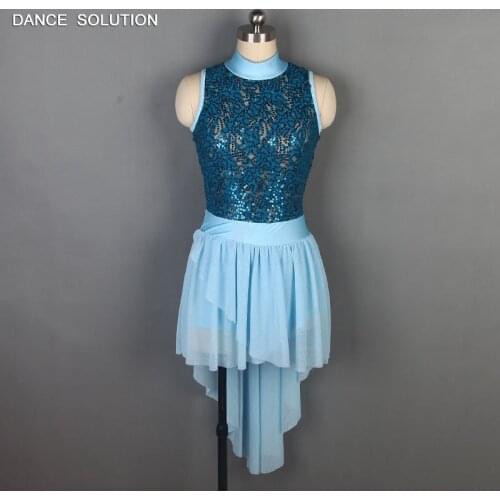 Sequin Lace Bodice with Sky Blue Mesh Skirt Lyrical and Contemporary Dance Costume for Adult Girls Stage Performance 16027-3