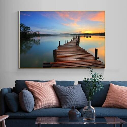 Bridge Sunset Seascape Wall Art Mountain Canvas Painting Posters and Prints Modern Wall Art Picture for Living Room Decor