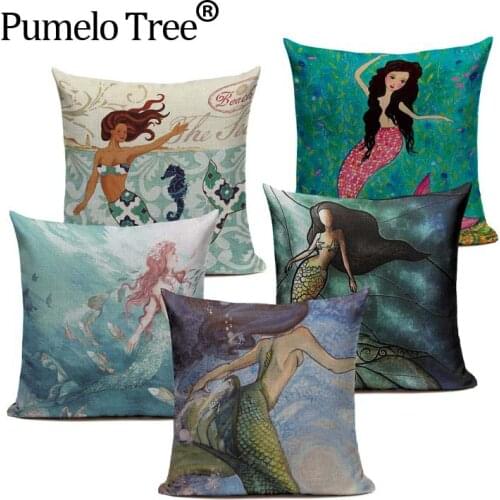 Cartoon Mermaid Cotton Linen Pillowcase Pillow Cover Ocean Style Chair Seat and Waist Square 45x45cm Cushion Cover Home Living