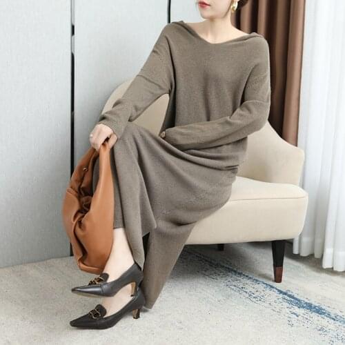 2020 new autumn and winter new ladies sweater loose hooded long over-the-knee cashmere sweater knitted dress base skirt