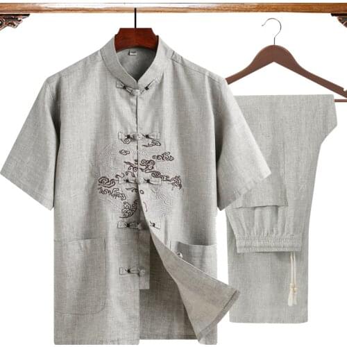 New (Short Sleeve Shirt+Pant) 2Pcs/Set Luxury Plus Size 4XL Men Kung Fu Tai Chi Suit l Gray ClassicWu Shu Clothing