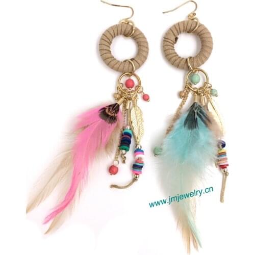 Wholesale handmade Ethnic jewellery vintage dangle feather earrings with tassel summer style nickel free earrings