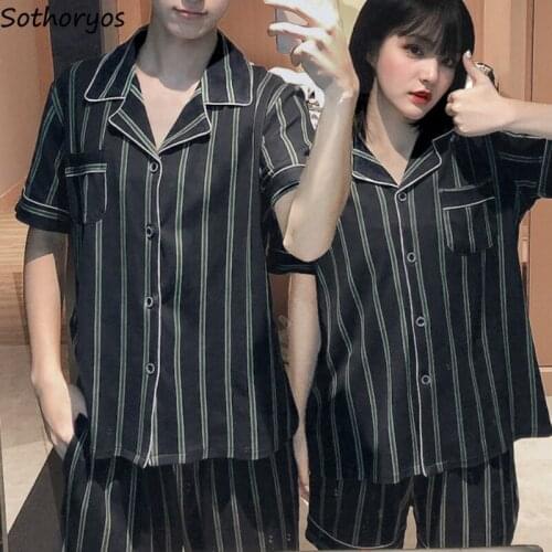Pajama Sets Women Striped Unisex Turn Down Collar Single Breasted Couples Home Wear Clothes Cozy Casual Ins Korean Style Shorts